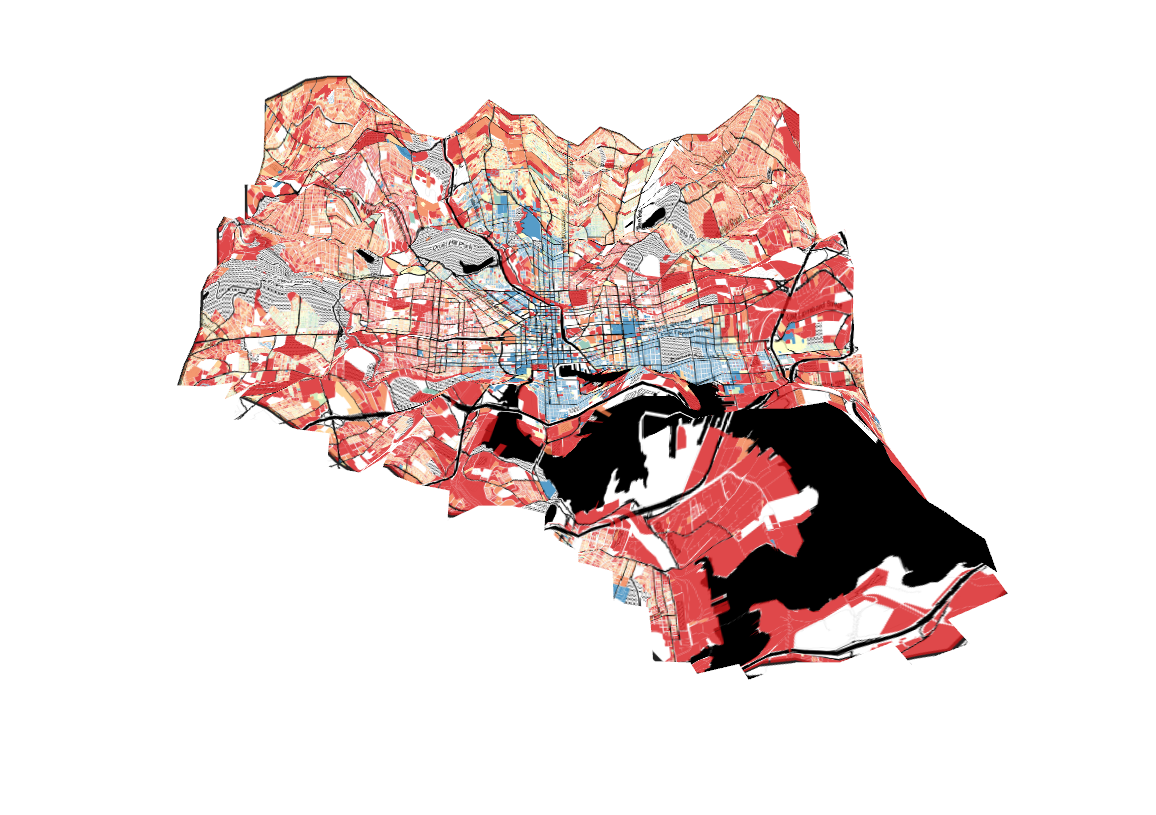 3D map of of Baltimore City showing distance from transit as elevation and property values by color