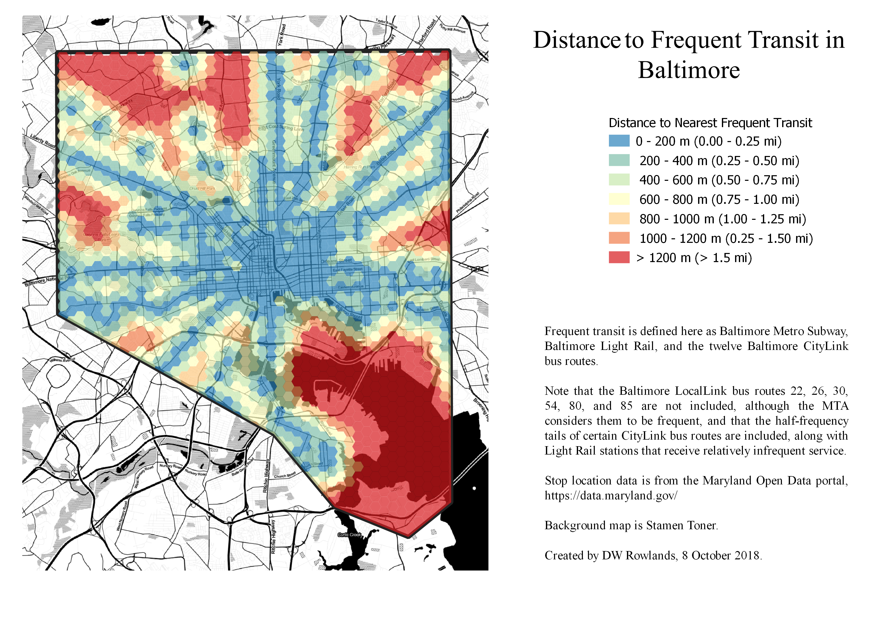 Map of distance from frequent transit in Baltimore City