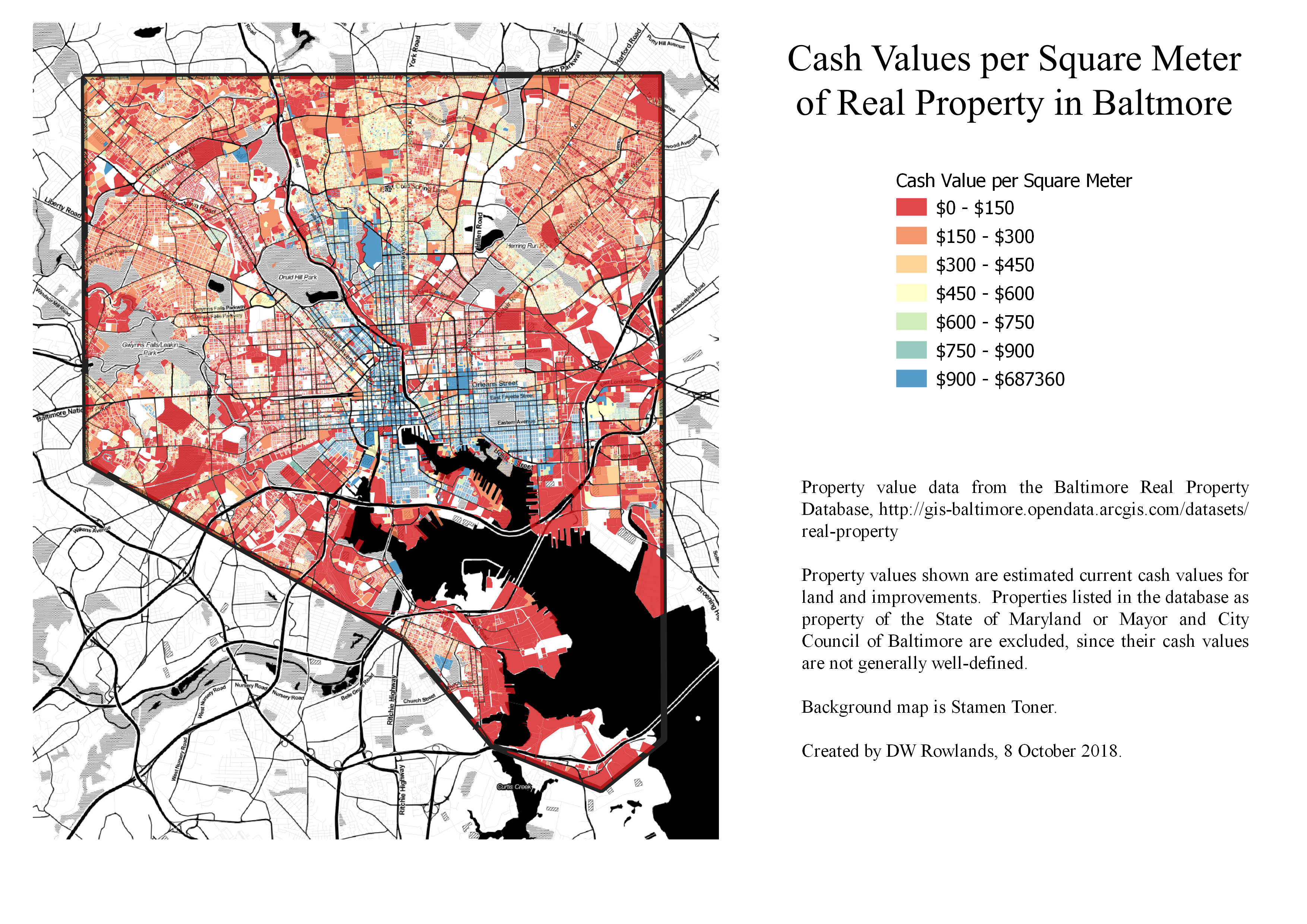 Map of real property valuesin Baltimore City based on data from the Baltimore Real Property Database