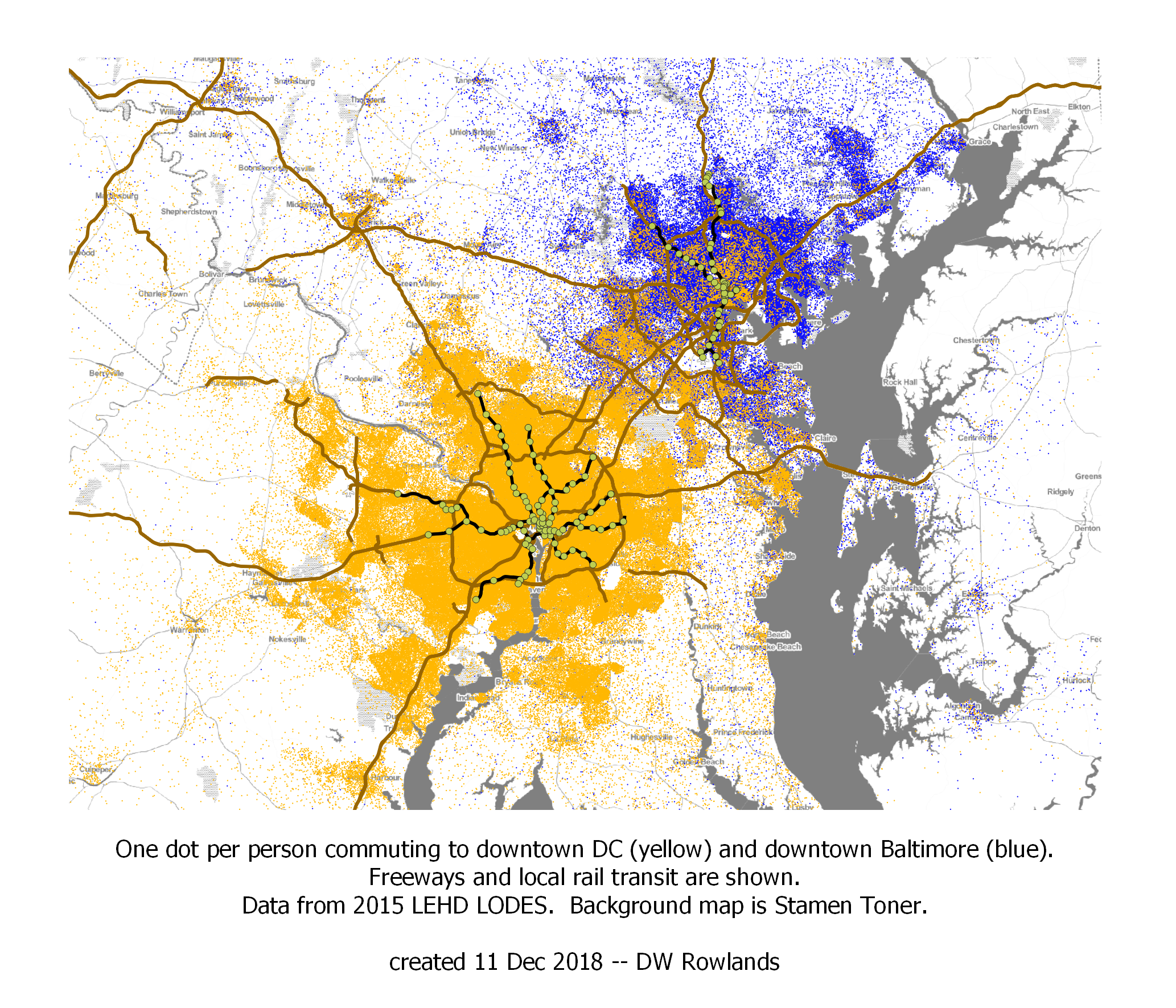 One dot per resident who works in either downtown DC (yellow dots) or downtown Baltimore (blue dots), randomly located within block groups.  The map is based on 2015 LEHD LODES data.  The background map is Stamen Toner.