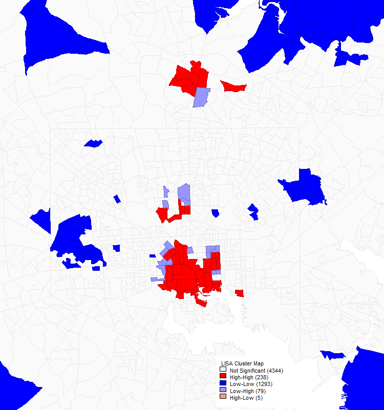Univariate Moran's I analysis of jobs per acre in Baltimore